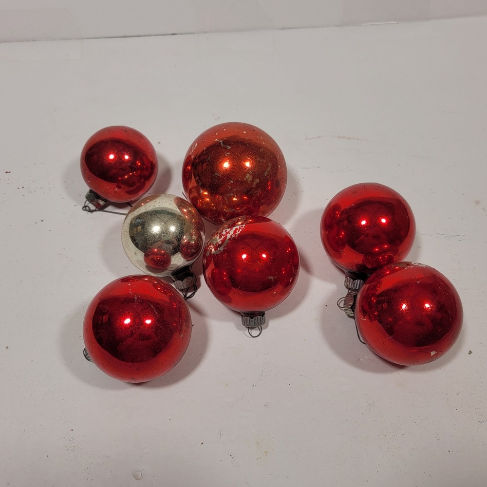 Vintage Red Glass Christmas Tree Ornaments Shiny Brite Mercury Set of 7 *